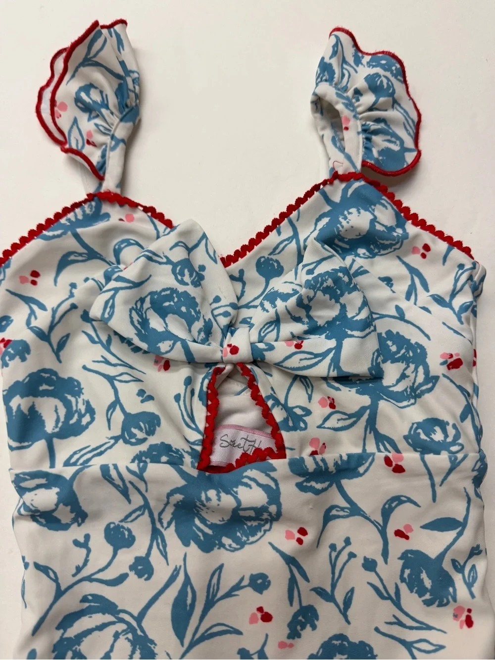 SweetHoney Girls Blue Floral Ruffle One-Piece Swimsuit with Red Trim Retro